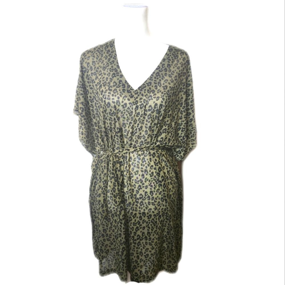 H&M Olive Green & Black Animal Print Semi Sheer Swim Cover Mini Dress, M